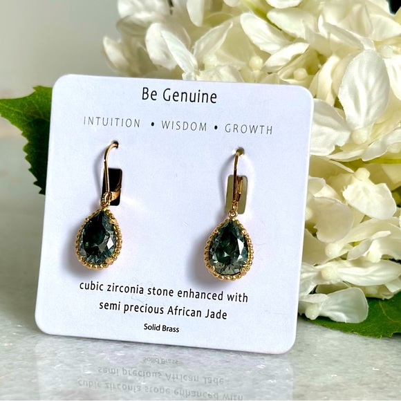 New cubic zirconia enhanced with semi precious African Jade solid brass earrings - Picture 2 of 4